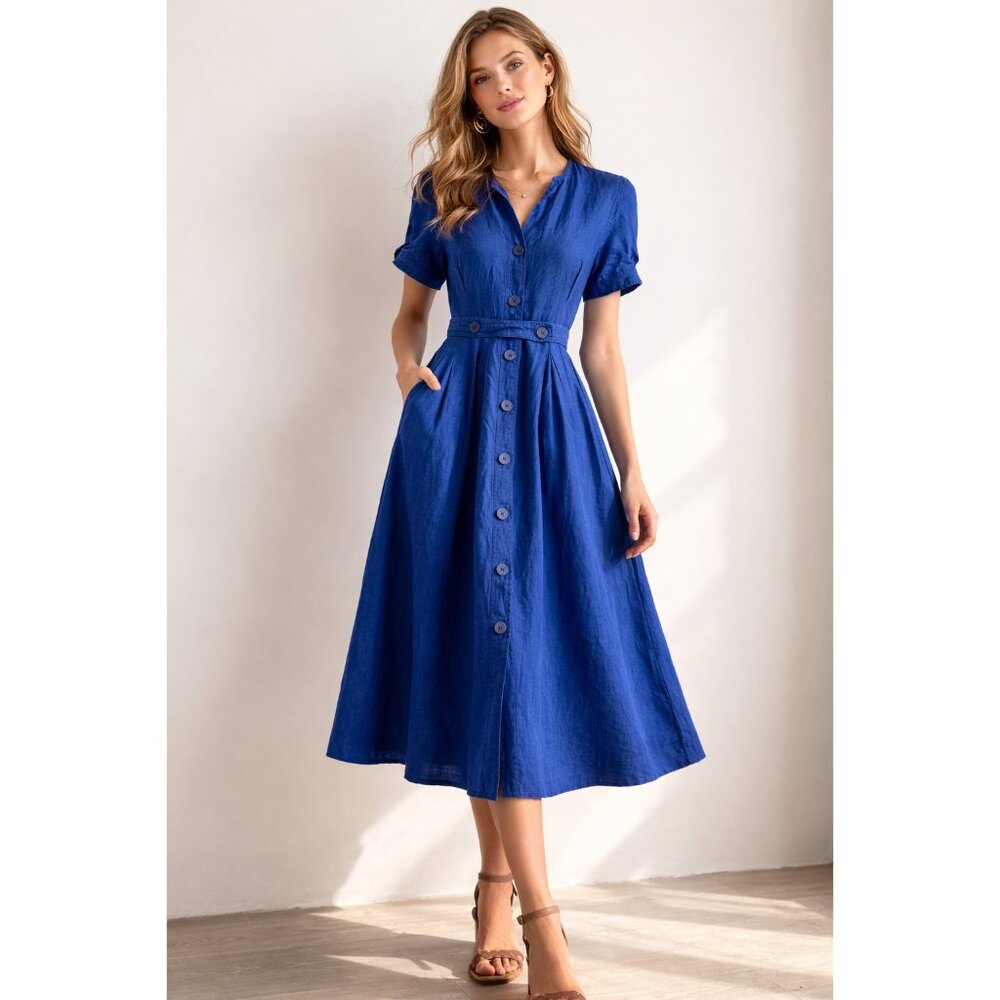 Vintage Albert Nipon Holt Renfrew Blue 100% Linen Midi Dress M